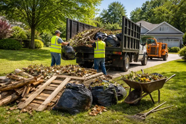 Workers loading yard waste, branches, and bags onto a truck during residential garden cleanup and debris removal service