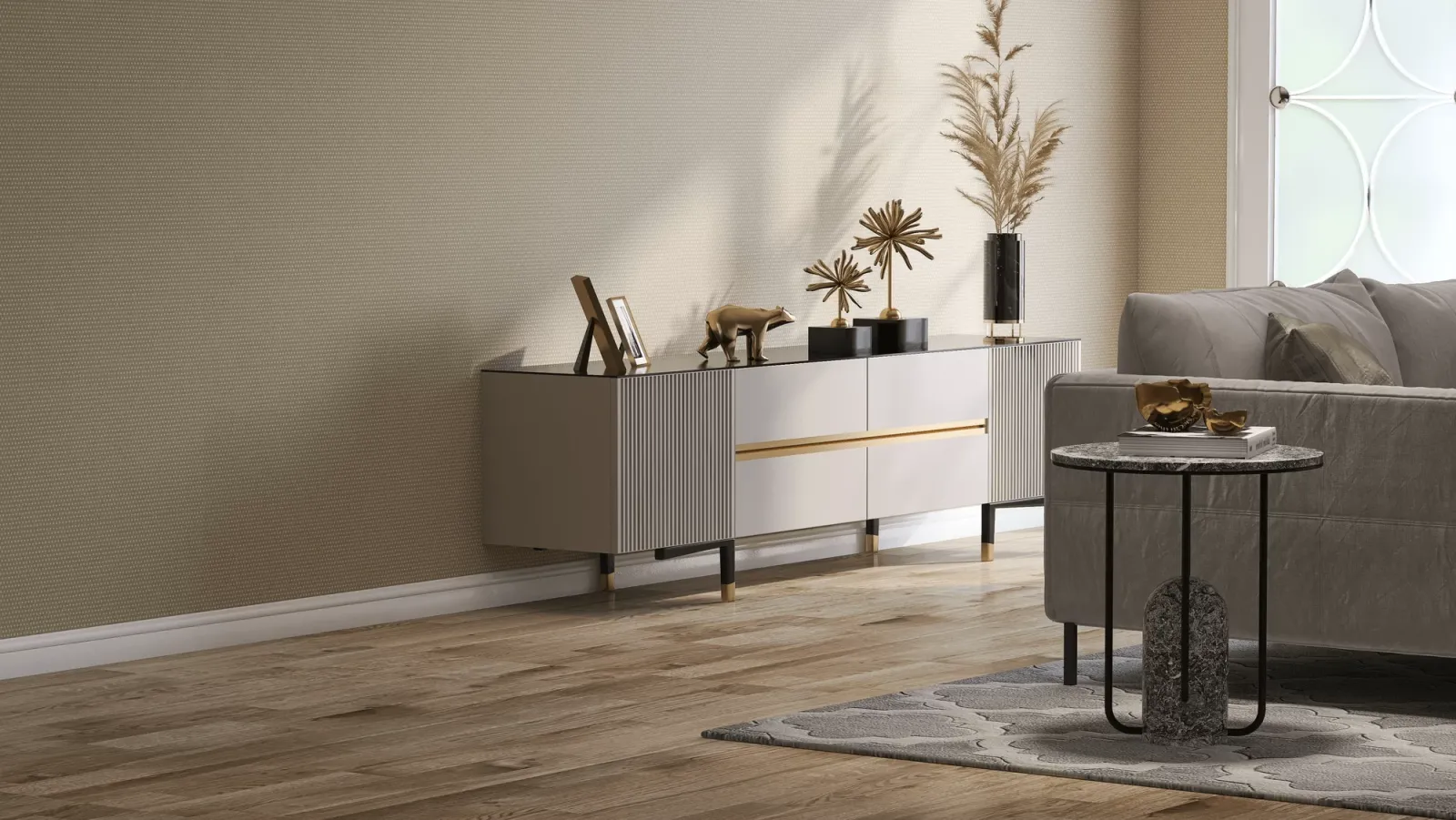 Modern living room featuring a sleek gray sideboard adorned with decorative items, including a bear figurine and plant, next to a stylish couch and round table.