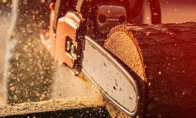 Chainsaw cutting a removed tree section