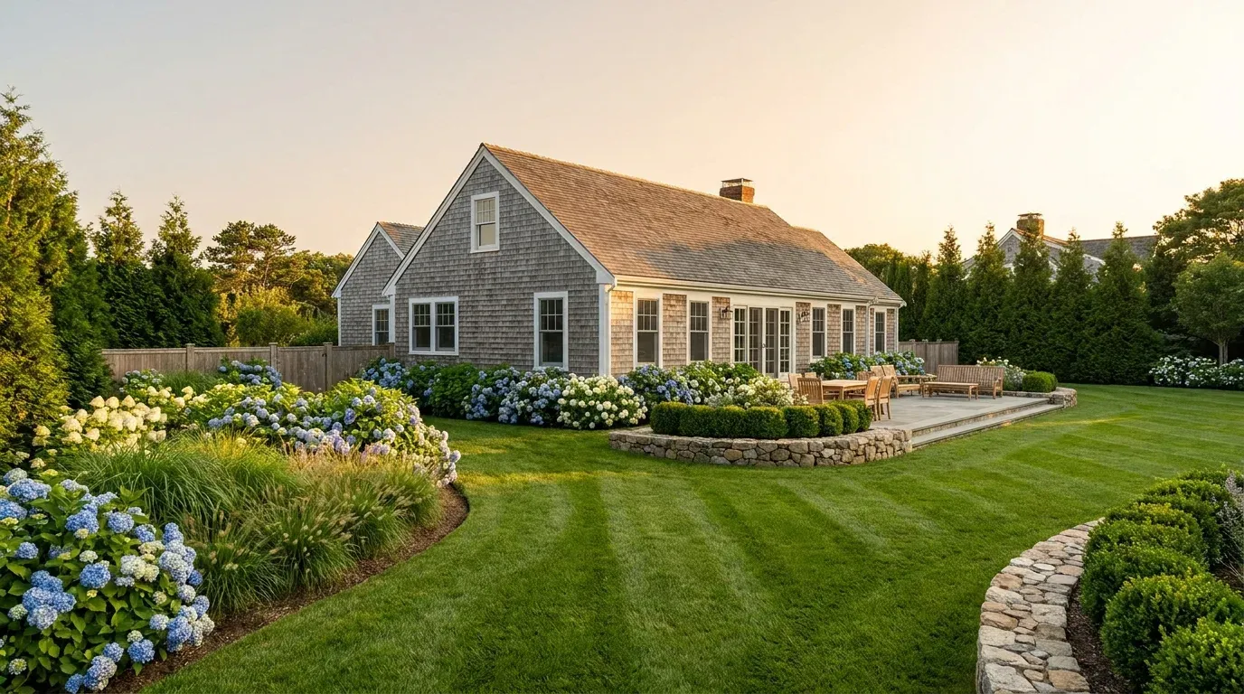 Designed coastal estate landscape with layered plantings and bluestone patio