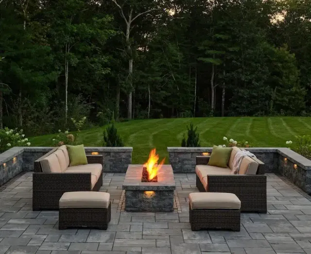 outdoor fire pit and stone patio design in Dedham, MA