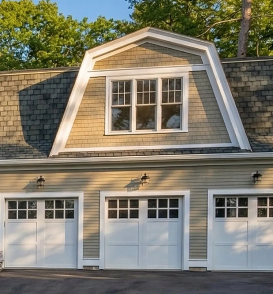 A two-story house at 17 Smith Place features a gambrel roof, shingle siding, and three white garage doors, set against trees and a clear sky.