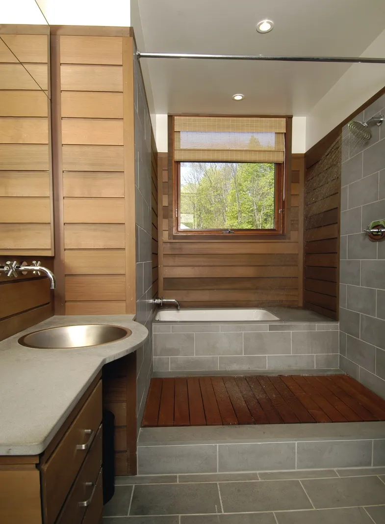 Spa bath with cedar detailing and soaking tub