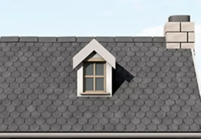A roof with a window and chimney on it