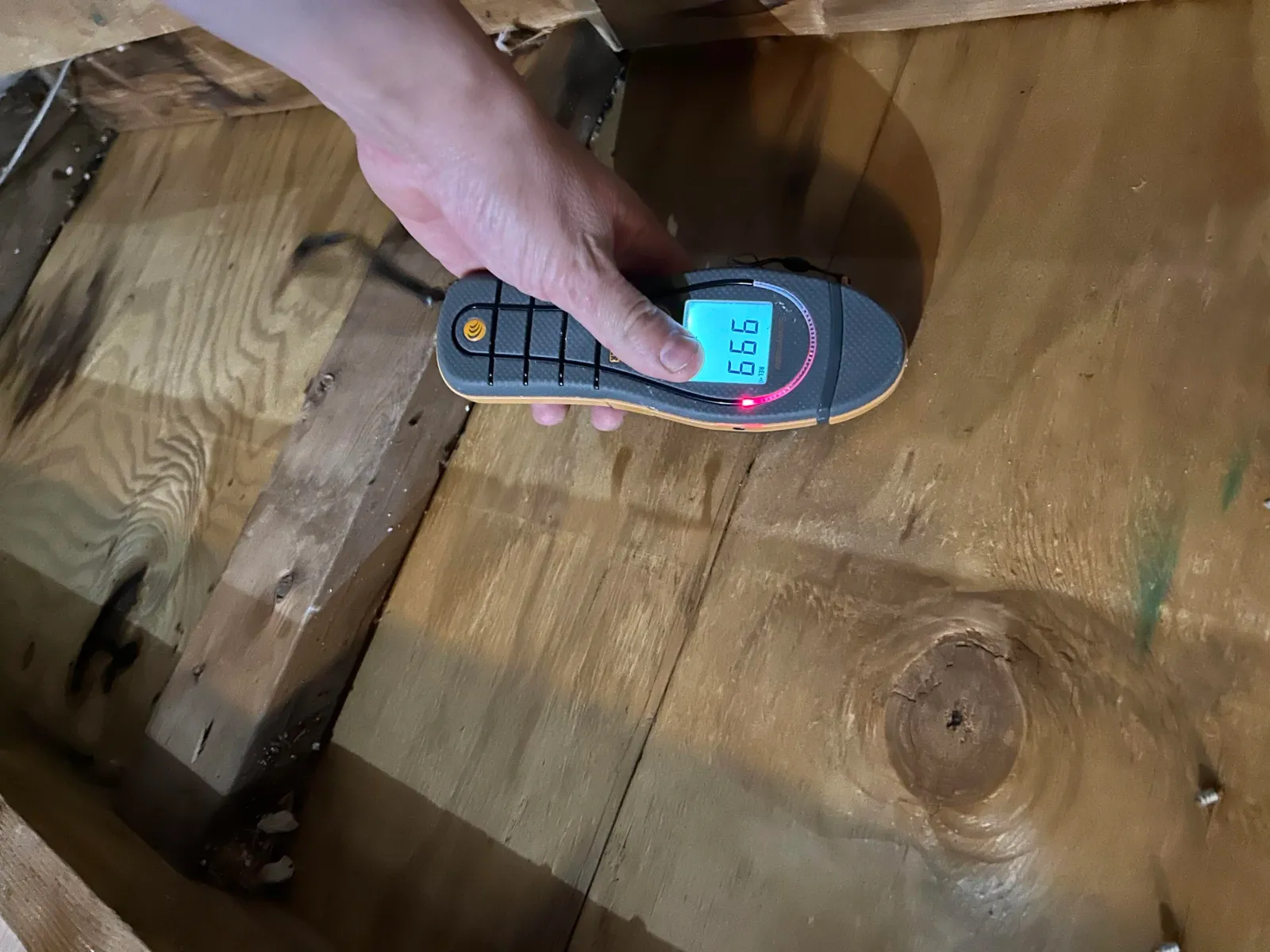 A person's hand holding a digital moisture meter over a wooden surface, showing a reading of 99.9.