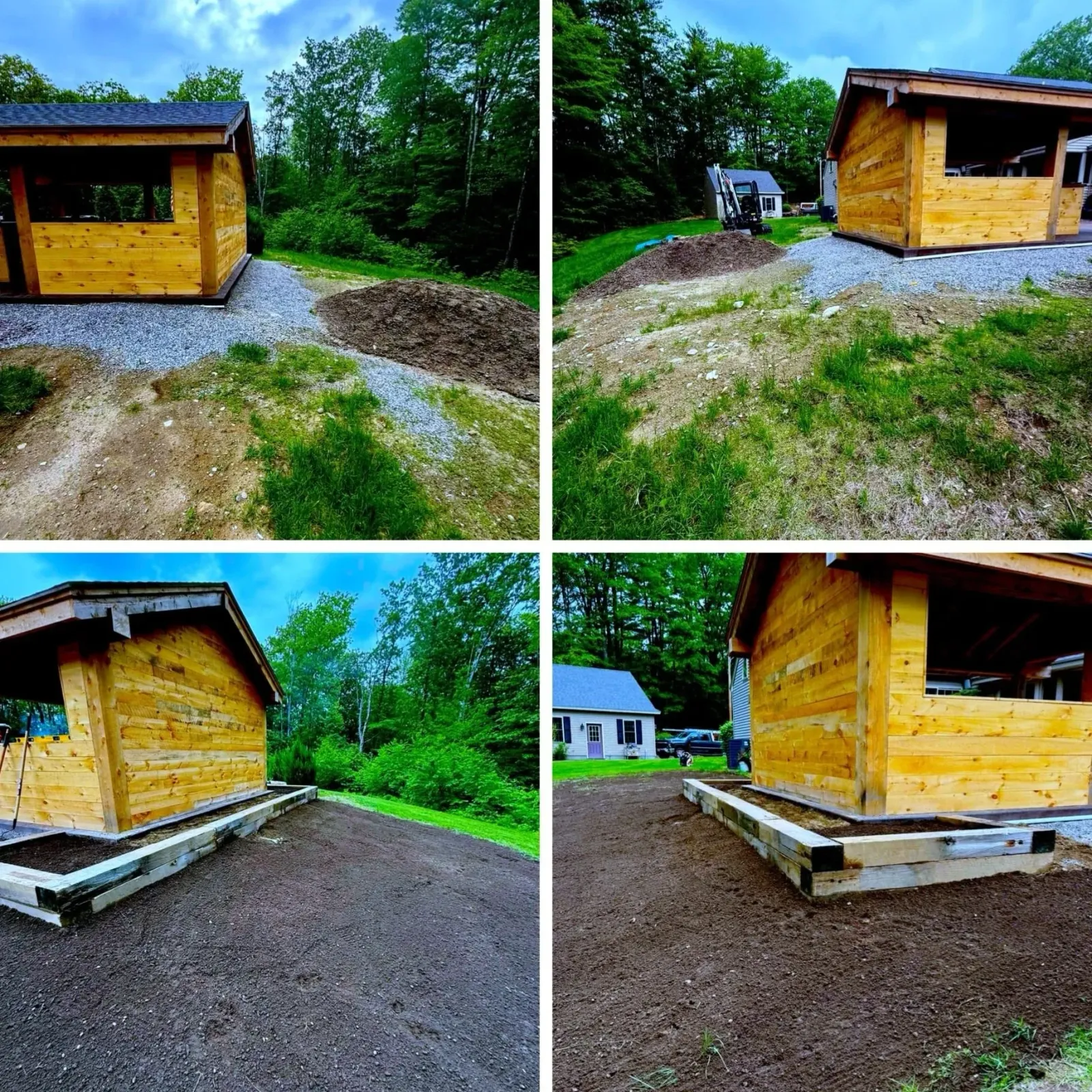 Sequence of four photos showing the construction of a small wooden building, with a gravel base and framing. The photos depict the layout and foundation work, including grading, gravel spreading, and framing, on a green, wooded lot.