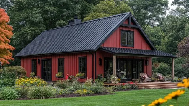 modern-red-barn-style-home-with-black-metal-roof-and-lush-landscaping-photo (1)