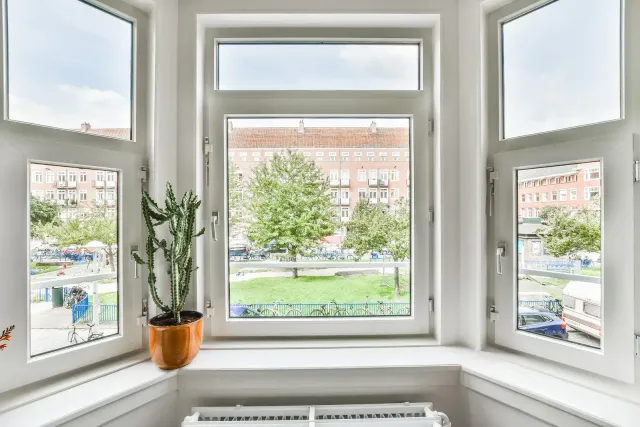A potted plant is sitting on a window sill next to a window.