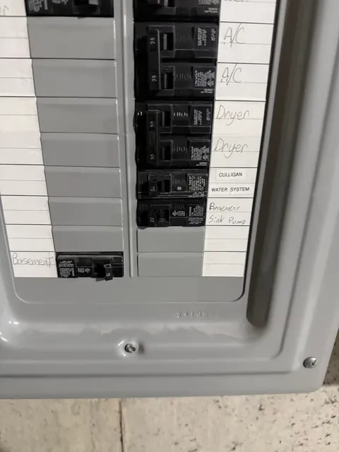 Fresh breakers landed and every circuit hand-labeled before the panel cover goes back on.