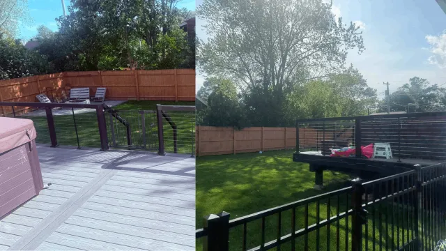 Side-by-side comparison of a backyard before and after renovation, featuring a deck with a railing, grassy yard, and a wooden fence in both images.