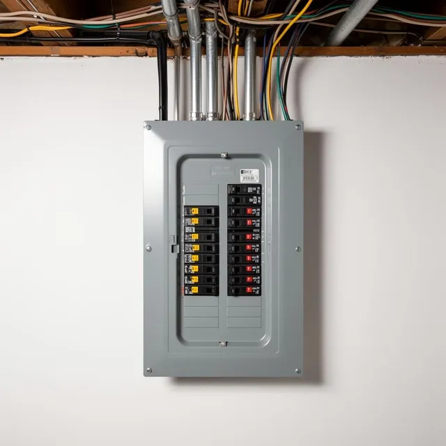 Boston Light & Power electrician installing a commercial disconnect and breaker panel in Quincy, MA.