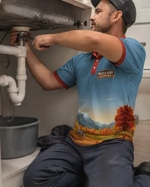 Maple Paw plumber repairing an urgent plumbing leak under a sink.