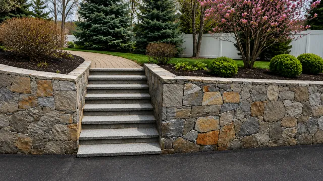 Stone staircase leading to a paved walkway in a landscaped backyard with bushes, trees, and a white fence.