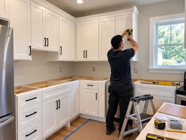 Person installing a light fixture in a white kitchen with cabinets, countertops, and a step ladder