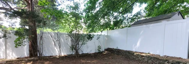 White backyard fence beneath leafy trees with a dirt ground and a small shed roof visible on the right