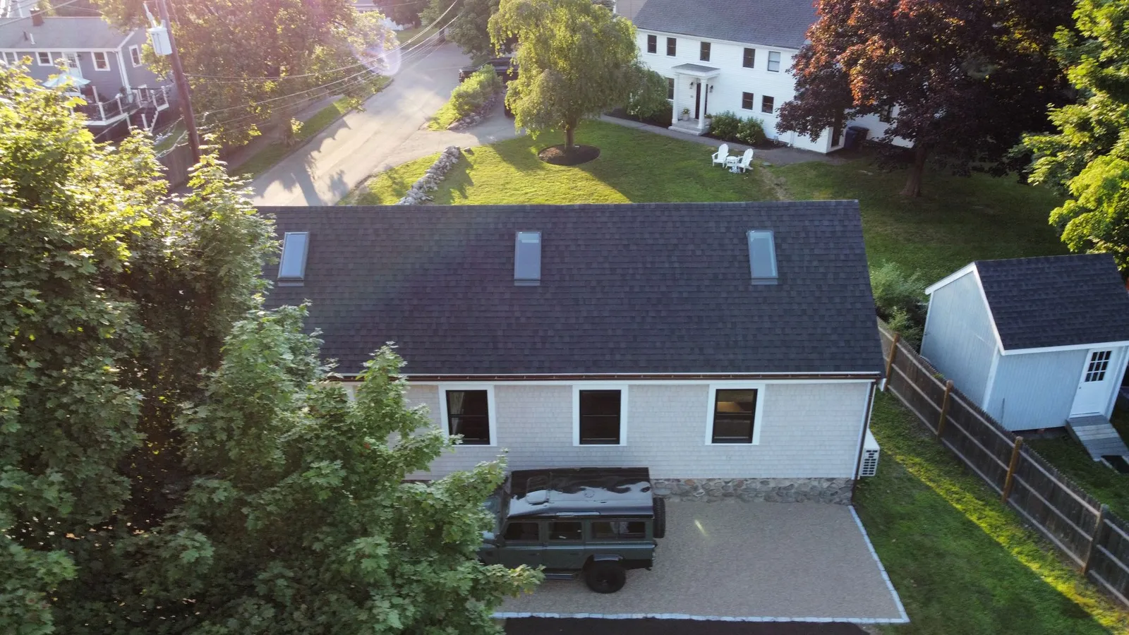 Aerial view of completed roof and exterior work