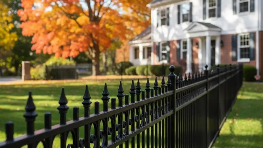 Ornamental aluminum and steel fencing by Olympic Fence Company surrounding a Salisbury, MA home with autumn foliage.