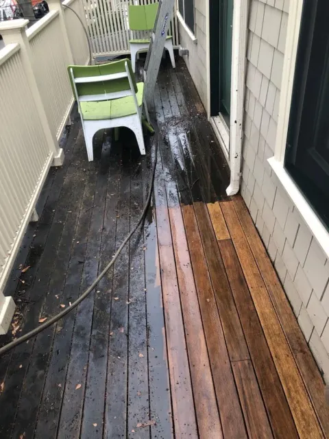 Windows Cleaning Experts before and after a pressure washing of a deck in Boston MA