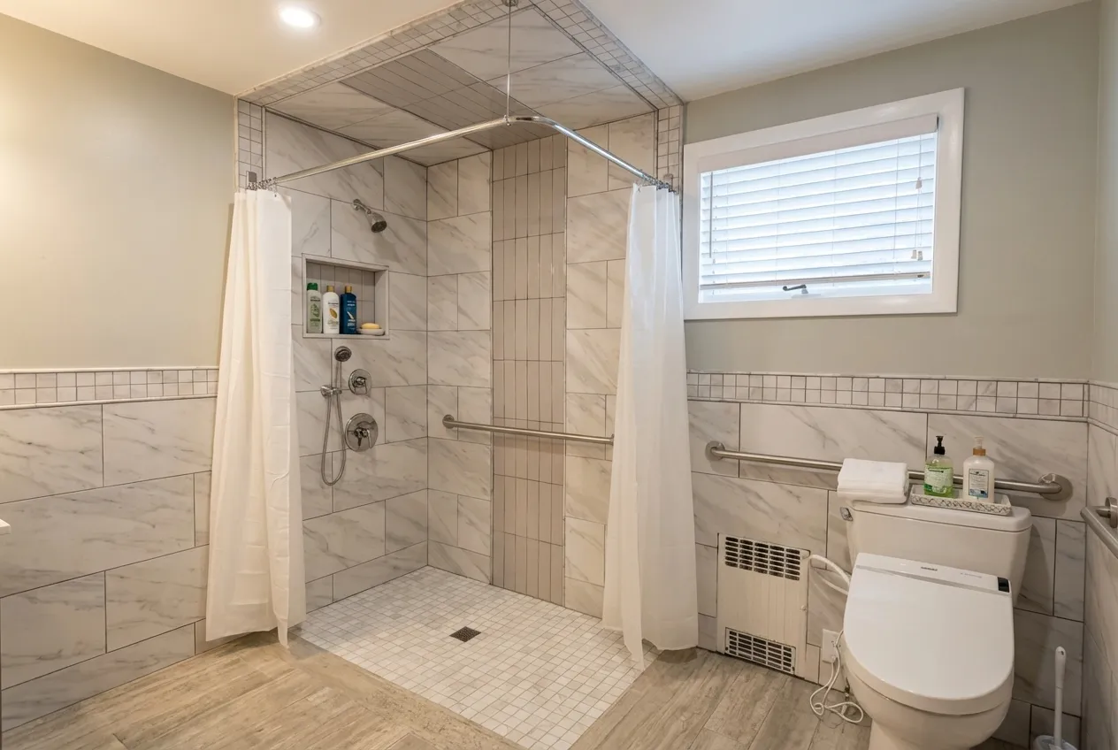 Bathroom with walk-in shower, white curtains, and a toilet with a bidet function. The shower has marble tiles, a recessed shelf with toiletries, and a handheld showerhead. There is a small window with blinds, a tiled wall border, and a heater below the window. Toiletries are placed on top of the toilet tank.