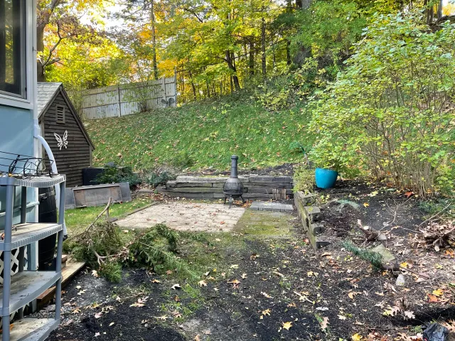 Backyard garden with a small shed, scattered leaves, and a wooded area with trees showing fall colors.