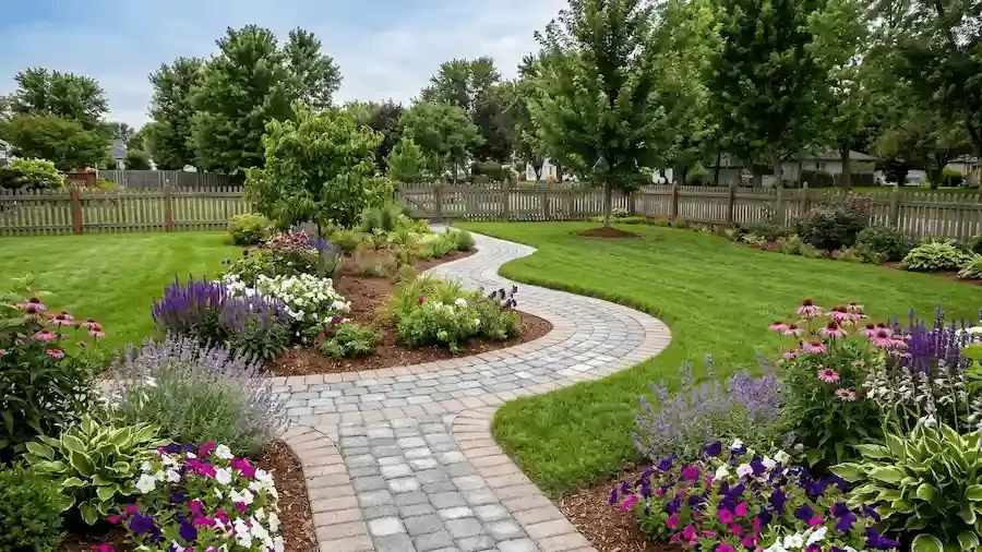 Premium stone walkway and outdoor steps with landscape lighting