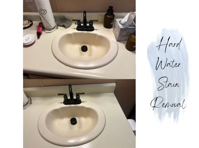 Sink after descaling, showing removal of mineral deposits and polished surface