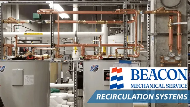 Recirculation systems featuring copper piping and water heaters, showcasing Beacon Mechanical Service branding, relevant to commercial mechanical services in the Greater Boston area.