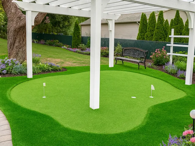 Backyard putting green with artificial turf under a white pergola, surrounded by colorful flower beds, ornamental plants, and a decorative garden bench.