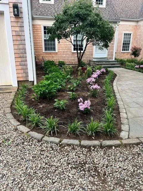 Front yard garden bed with shrubs, pink flowers, and a small tree beside a brick house.