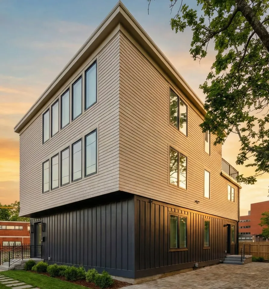 Three-story modern building at 17 Smith Place with large windows, light wood siding on upper floors, dark metal siding on the ground floor, and a landscaped walkway at sunset.