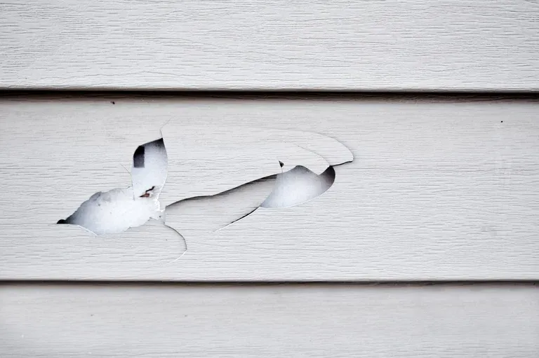 Torn white paint peeling off weathered wooden siding, showing damage and deterioration