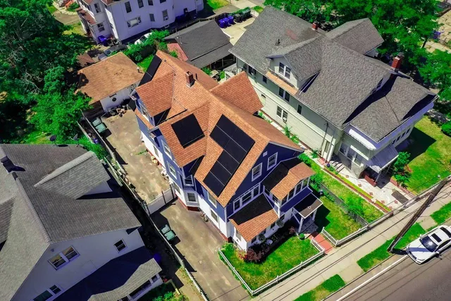 Aerial view of a completed Everlast solar panel installation in Springfield, MA