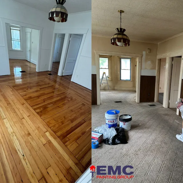 Comparison of a hardwood floor before and after refinishing, shown side-by-side, with the older photograph on the right depicting a room in the process of renovation.