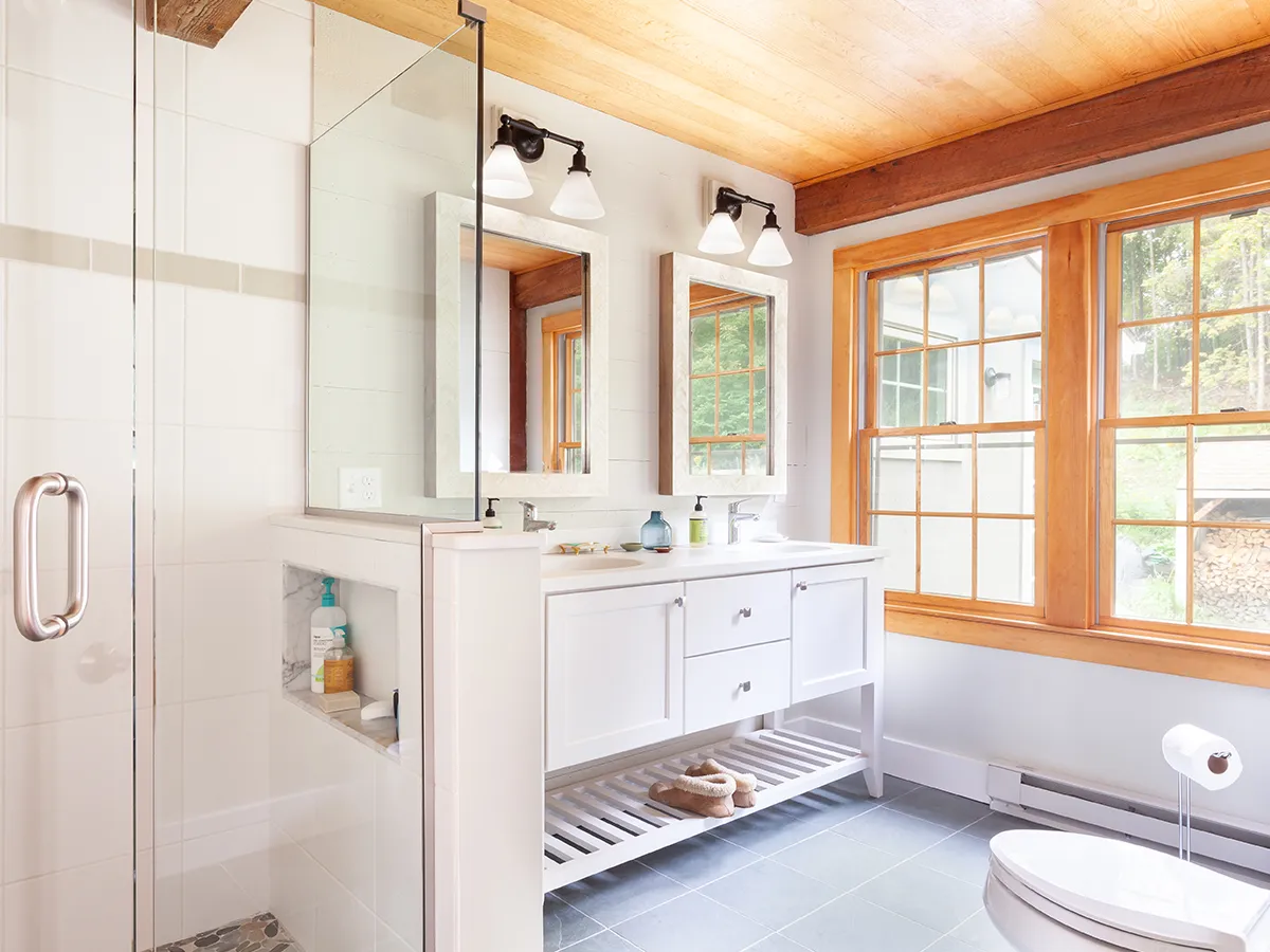double vanity and custom alcove shower