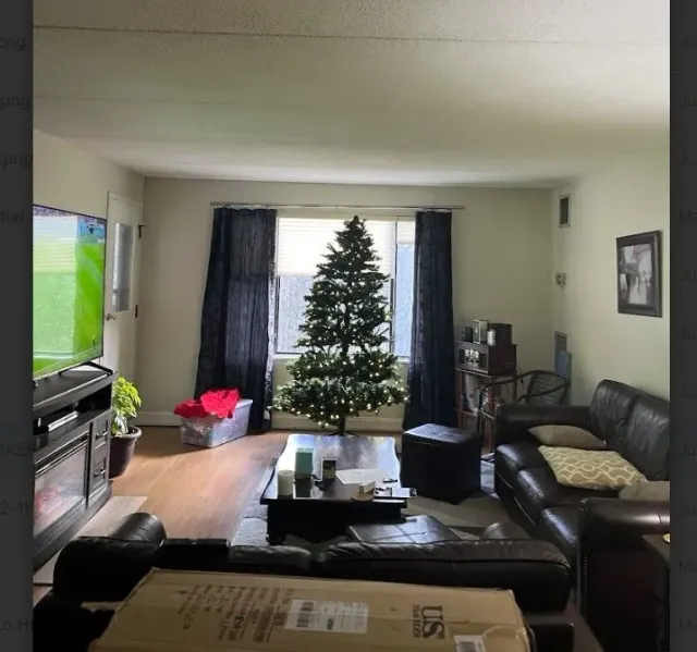 Living room with a Christmas tree in front of a window, dark curtains, and leather furniture.