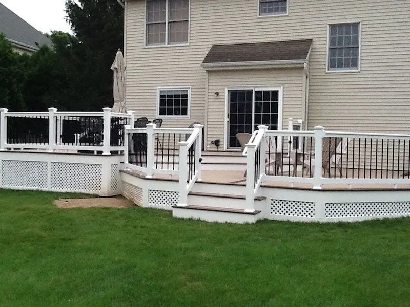 Completed composite deck with railing and lattice skirt