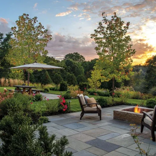 This Weston fire pit patio combines rugged stonework, open sunset views, and comfortable seating for a distinctive outdoor entertaining space.