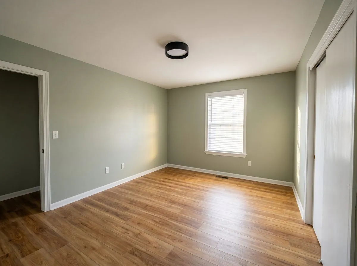 Refreshed guest bedroom with serene sage green walls and refinished floor — after Overwall Painting renovation