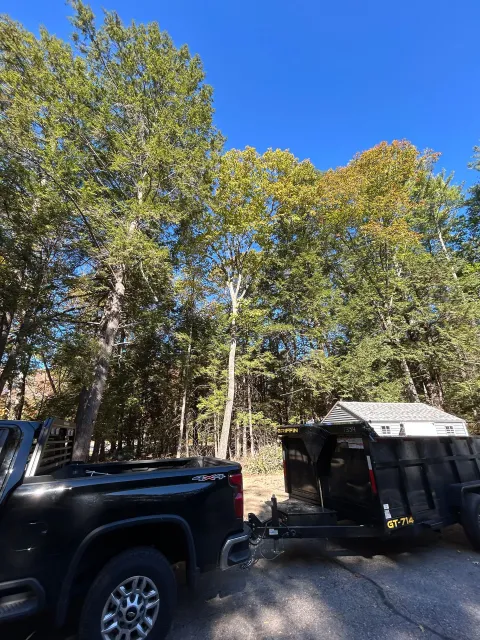 Black pickup truck towing a small trailer on a dirt road beside trees under a blue sky