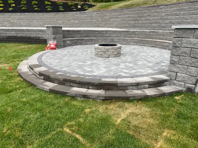 Curved stone patio hardscape construction