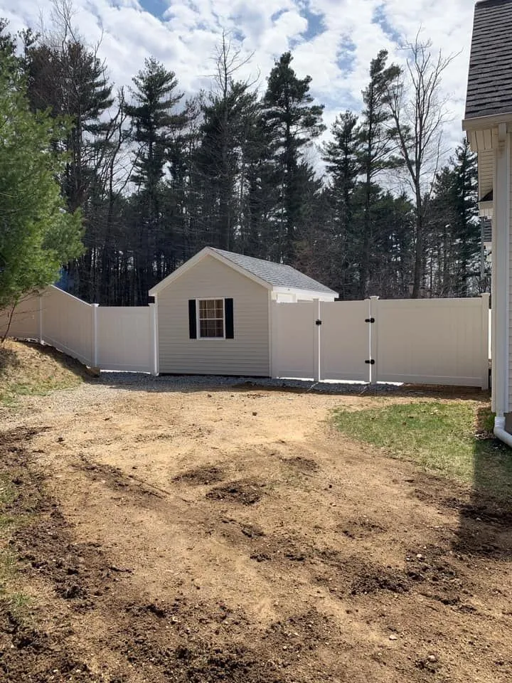 A light-colored shed stands in a backyard behind a white vinyl fence, set against a backdrop of tall pine trees.