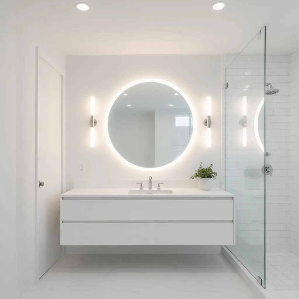 Boston Light & Power electrician installing bathroom vanity and shower lighting in Cohasset, MA.
