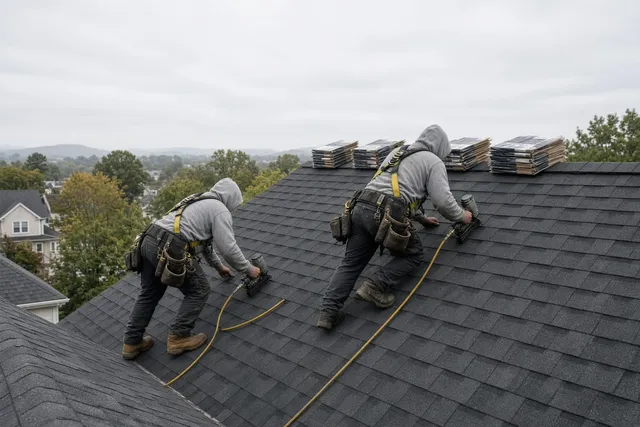 Roofers installing underlayment and shingles on a steep roof
