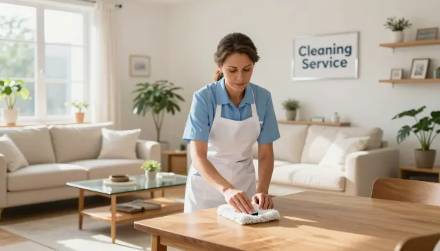 House cleaning service in a bright living room with polished surfaces and tidy decor.