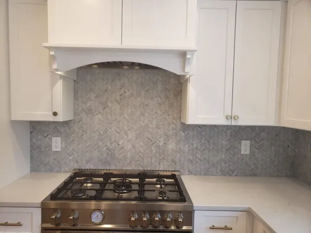 Chevron Marble Mosaic in Ridgefield CT — Classic chevron pattern marble mosaic backsplash