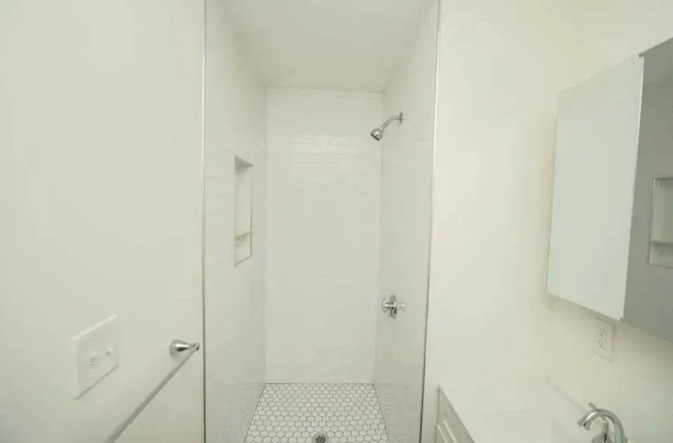 A bathroom with a walk in shower and a sink.