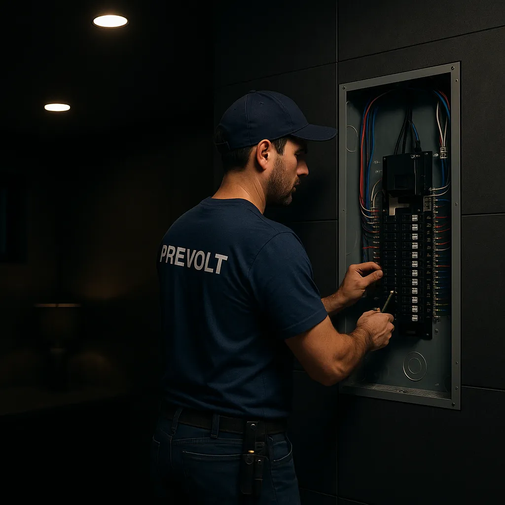 Prevolt Electric licensed electrician performing a clean, code-compliant installation in a dark modern Connecticut & Massachusetts home with LED lighting and organized panel work