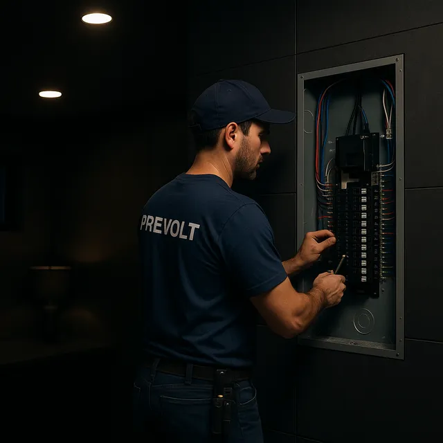 Prevolt Electric licensed electrician performing a clean, code-compliant installation in a dark modern Connecticut & Massachusetts home with LED lighting and organized panel work