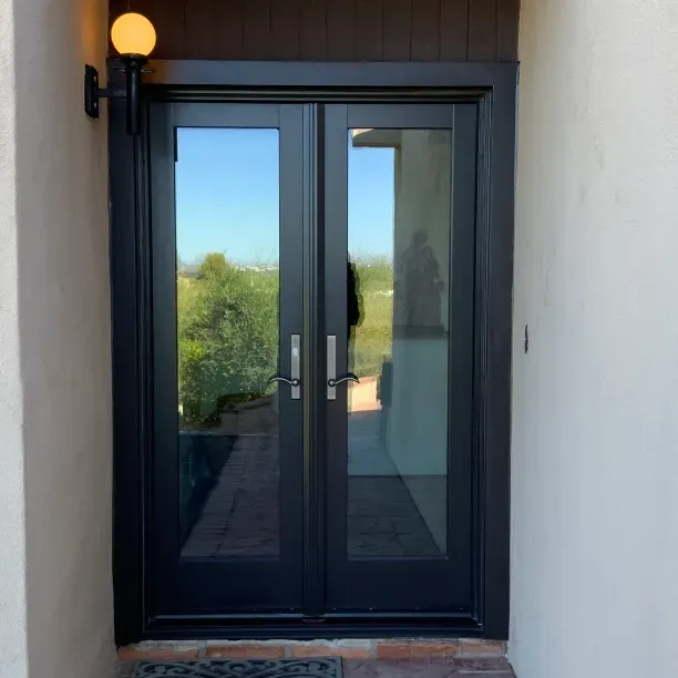 An renovated entry door on a white house