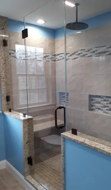 A bathroom with a walk in shower and a toilet.